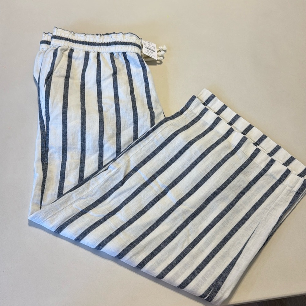 J. Crew blue/white striped linen and cotton pant. Size 14. Never worn.